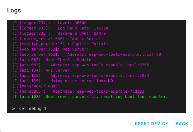 Screenshot showing ESP Web Tools dialog with a console showing ESPHome logs and a terminal prompt to sent commands.